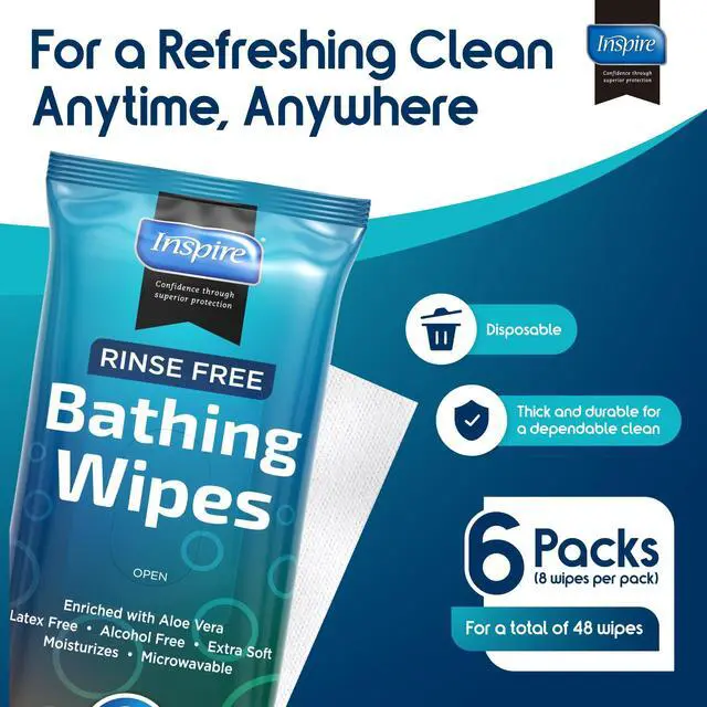 Alt view image 3 of 7 - Body Wipes for adults bathing rinse free | Adult Wash Cloths Extra Large, Bathing Wipes for Incontinence, 8"x 8" In (48 count)