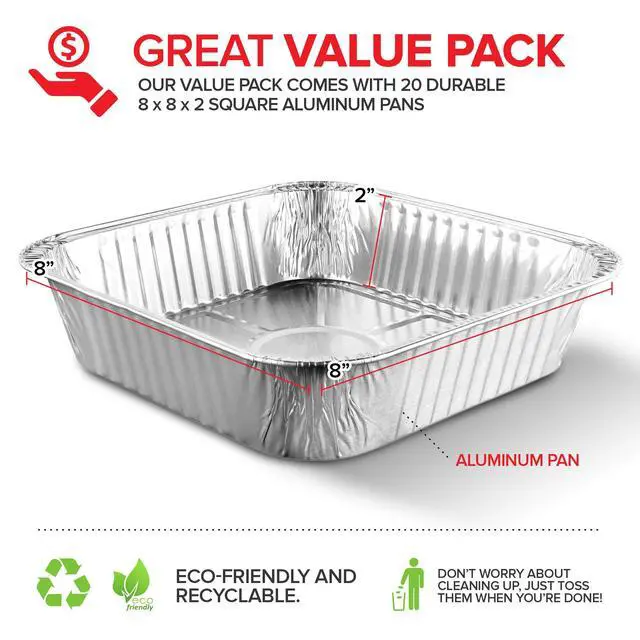 Alt view image 7 of 7 - 8x8 Foil Pans (20 Pack) 8 Inch Square Aluminum Pans - Foil Pans - Disposable Food Containers Great for Baking Cake, Cooking, Heating, Storing, Prepping Food