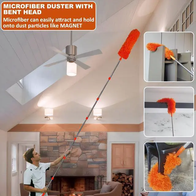 Alt view image 4 of 7 - 20 Feet High Reach Duster Kit with 2-14 ft Extension Pole, Cobweb & Corner Brush Cleaning Duster Kit for Cleaning, Microfiber Feather Duster Cleaner with Washable Head for Ceiling Fan, Furniture, Home