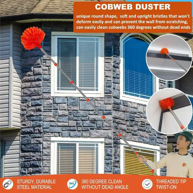 Alt view image 5 of 7 - 20 Feet High Reach Duster Kit with 2-14 ft Extension Pole, Cobweb & Corner Brush Cleaning Duster Kit for Cleaning, Microfiber Feather Duster Cleaner with Washable Head for Ceiling Fan, Furniture, Home