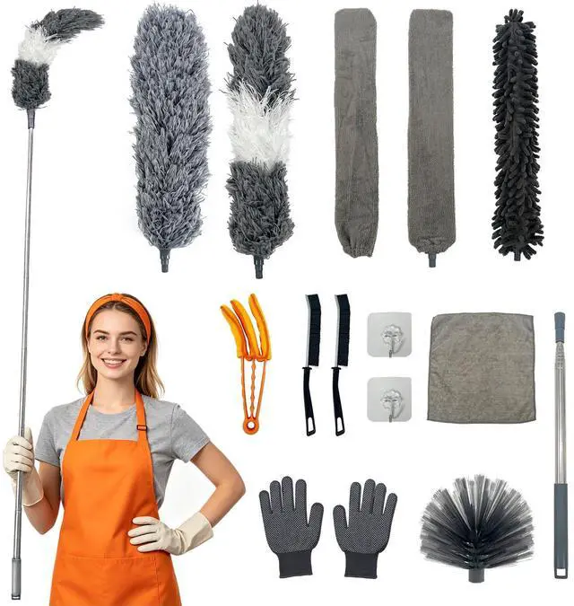 Main image of 15 PCS Feather Dusters for Cleaning, Microfiber Duster with Extension Pole 100in, Extendable Duster for High Ceilings, Ceiling Fans, Baseboards, Blinds, Car Interior - Washable Reusable Dusting Tools