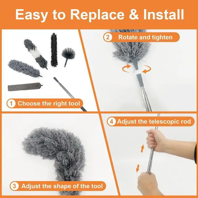 Alt view image 4 of 7 - 15 PCS Feather Dusters for Cleaning, Microfiber Duster with Extension Pole 100in, Extendable Duster for High Ceilings, Ceiling Fans, Baseboards, Blinds, Car Interior - Washable Reusable Dusting Tools