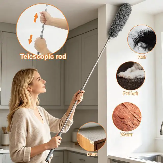 Alt view image 5 of 7 - 15 PCS Feather Dusters for Cleaning, Microfiber Duster with Extension Pole 100in, Extendable Duster for High Ceilings, Ceiling Fans, Baseboards, Blinds, Car Interior - Washable Reusable Dusting Tools