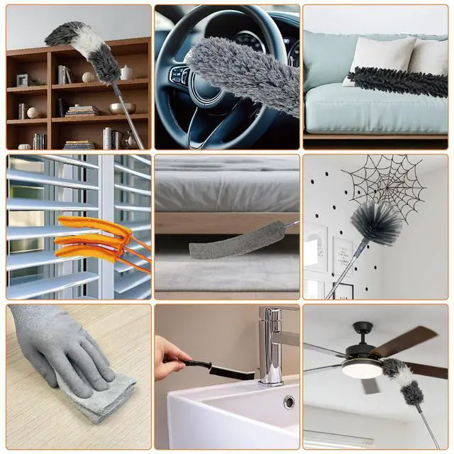 Alt view image 7 of 7 - 15 PCS Feather Dusters for Cleaning, Microfiber Duster with Extension Pole 100in, Extendable Duster for High Ceilings, Ceiling Fans, Baseboards, Blinds, Car Interior - Washable Reusable Dusting Tools