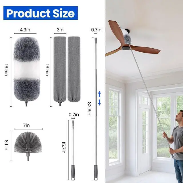Alt view image 2 of 7 - Extra-Long Dusters Kits with Extension Pole, Cobweb Duster, Microfiber Dusting Clothes for Gap, 5 in 1 Cleaning Tools with Extendable Long Handle, Blinds, High Ceilings and Fans, Cars and Furniture