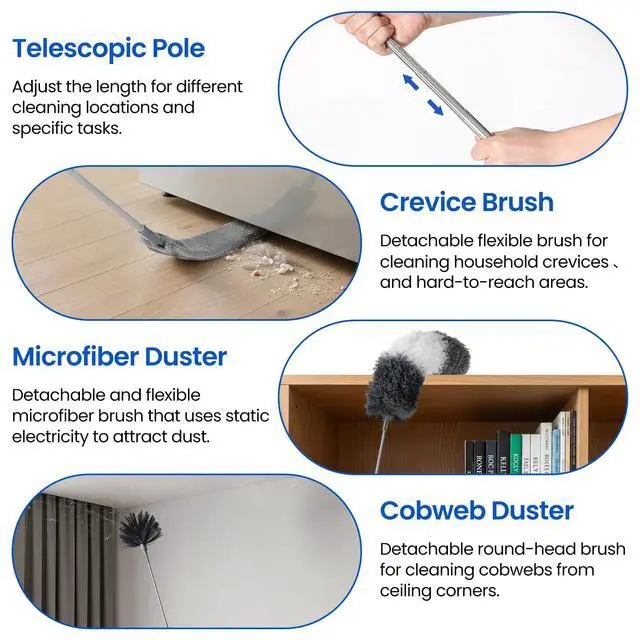 Alt view image 3 of 7 - Extra-Long Dusters Kits with Extension Pole, Cobweb Duster, Microfiber Dusting Clothes for Gap, 5 in 1 Cleaning Tools with Extendable Long Handle, Blinds, High Ceilings and Fans, Cars and Furniture