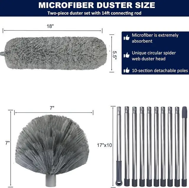 Alt view image 2 of 7 - 20 Ft+ High Reach Cobweb Dusting Kit with 3-14 Ft Extension Pole/Spider Web Brush & Ceiling Duster Microfiber Feather Duster with Washable Head for Cleaning Ceiling Fan, Furniture, Home