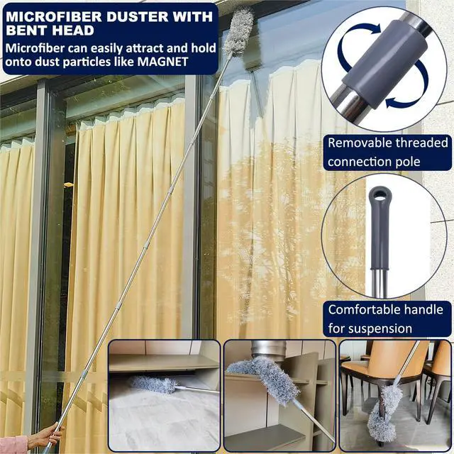 Alt view image 4 of 7 - 20 Ft+ High Reach Cobweb Dusting Kit with 3-14 Ft Extension Pole/Spider Web Brush & Ceiling Duster Microfiber Feather Duster with Washable Head for Cleaning Ceiling Fan, Furniture, Home