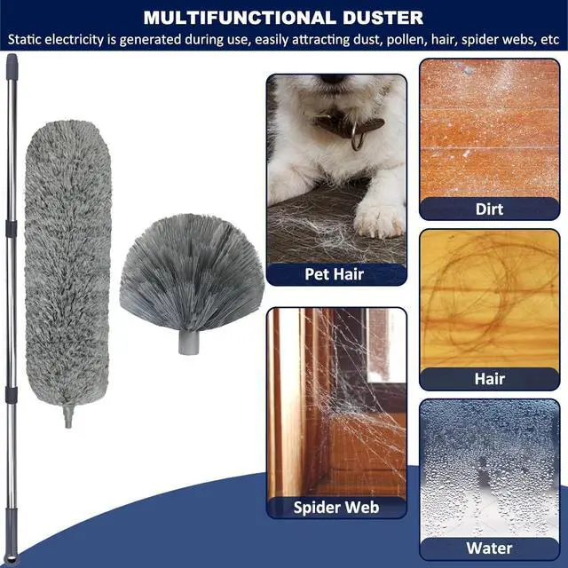 Alt view image 6 of 7 - 20 Ft+ High Reach Cobweb Dusting Kit with 3-14 Ft Extension Pole/Spider Web Brush & Ceiling Duster Microfiber Feather Duster with Washable Head for Cleaning Ceiling Fan, Furniture, Home