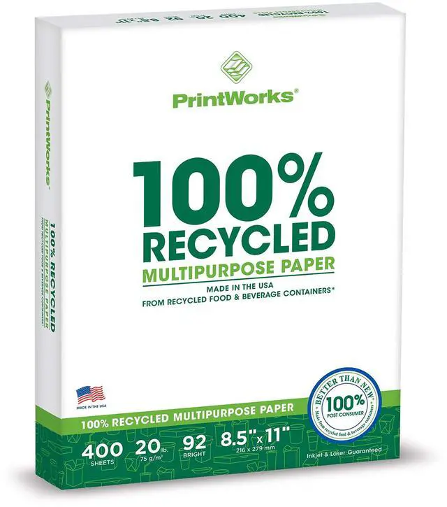 Main image of 100% Recycled Printer Paper 8.5" x 11" White - 20 lb Copy & Multipurpose Computer Paper - 1 Pack, 400 Sheets - Made in the USA - 92 Bright - Printer & Copier Compatible (00018)