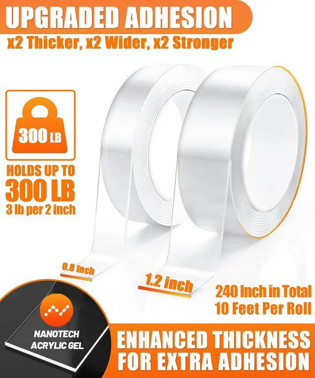 Alt view image 2 of 7 - Double Sided Tape Heavy Duty (2 Rolls, 20 Feet) - Removable Waterproof Nano Mounting Tape, 1.2" & 0.8" Width for Picture Hanging, Wall Decor, Posters, Carpets, Rugs - Indoor & Outdoor Use
