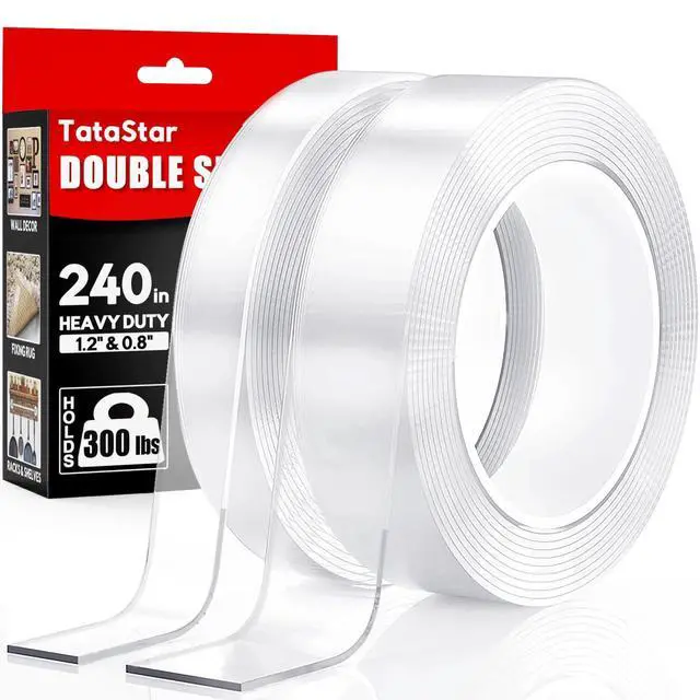 Main image of Double Sided Tape Heavy Duty (2 Rolls, 20 Feet) - Removable Waterproof Nano Mounting Tape, 1.2" & 0.8" Width for Picture Hanging, Wall Decor, Posters, Carpets, Rugs - Indoor & Outdoor Use