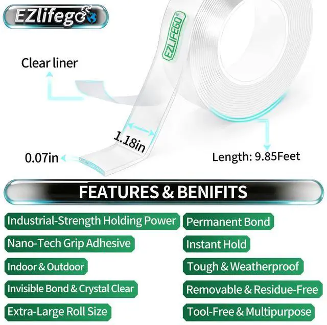Alt view image 2 of 7 - Double Sided Tape Heavy Duty, Nano Double Sided Adhesive Tape, Clear Mounting Tape Picture Hanging Adhesive Strips (9.85FT)