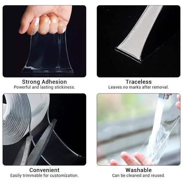 Alt view image 7 of 7 - 3 Rolls Double Sided Tape, Nano Tape, Transparent Adhesive Tape, Traceless Adhesive Tape, Removable, Washable, Reusable, Suitable for Carpets, Photo Walls, 9.85 Feet Per Roll