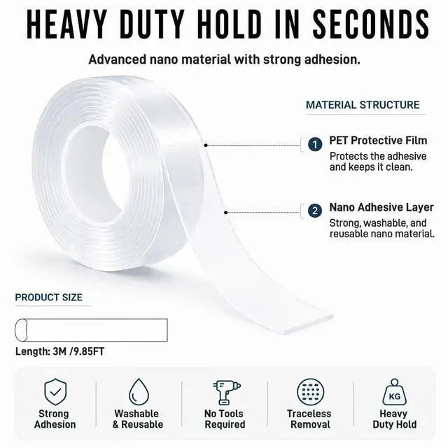 Alt view image 2 of 7 - Nano Tape Double Sided Heavy Duty 1/2''×10Ft Removable Washable No Residue