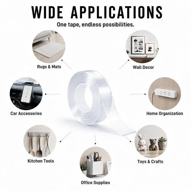 Alt view image 5 of 7 - Nano Tape Double Sided Heavy Duty 1/2''×10Ft Removable Washable No Residue