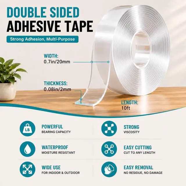 Alt view image 3 of 7 - Ohayooz® Extra Strong Double Sided Tape Heavy Duty Removable 10FT, Clear Sticky Adhesive Nano Tape Tough Washable Waterproof Mounting Tape for Hanging Picture, Poster, Carpet, Photo Deco
