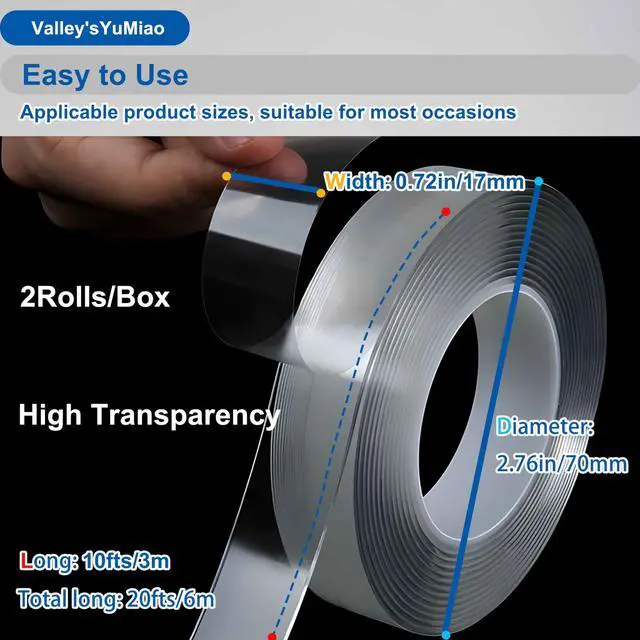 Alt view image 6 of 7 - 2Rolls, Nano Double Sided Mountinging Tape, Adhesive-self Heavy Duty Tape, 2 Sides Sticky Tack Tape for Painted Walls AC Hanging Clear, 0.7in×10fts, 20fts Total Long