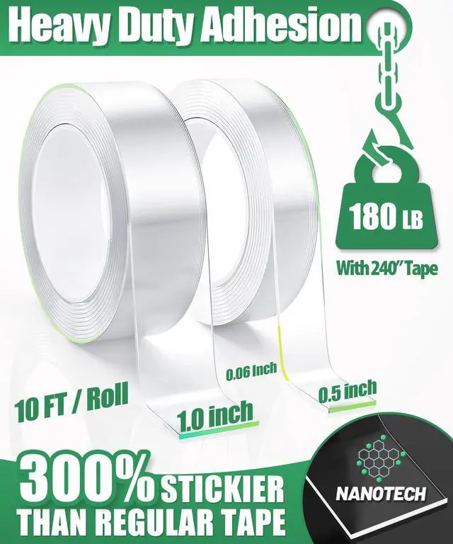Alt view image 3 of 7 - Double Sided Tape Heavy Duty, 240" L x 1"/0.5" W, Removable Waterproof Clear Nano Mounting Tape for Picture Hanging, Wall Decor, Rugs & Posters, Indoor Outdoor
