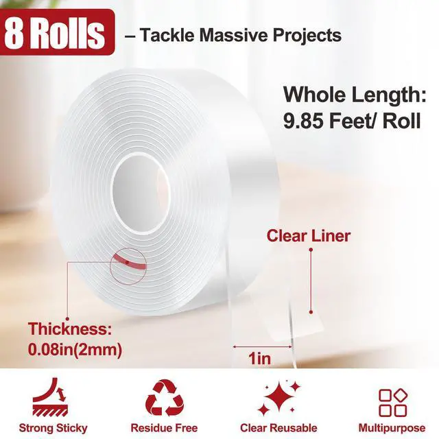 Alt view image 2 of 7 - Double Sided Tape Heavy Duty 8 Rolls 1 Inch x 9.85 Feet, Clear & Tough Nano Tape, Multipurpose Mounting Tape for Walls, Bathroom, Carpets,Posters,Photo,Kitchens,Mats