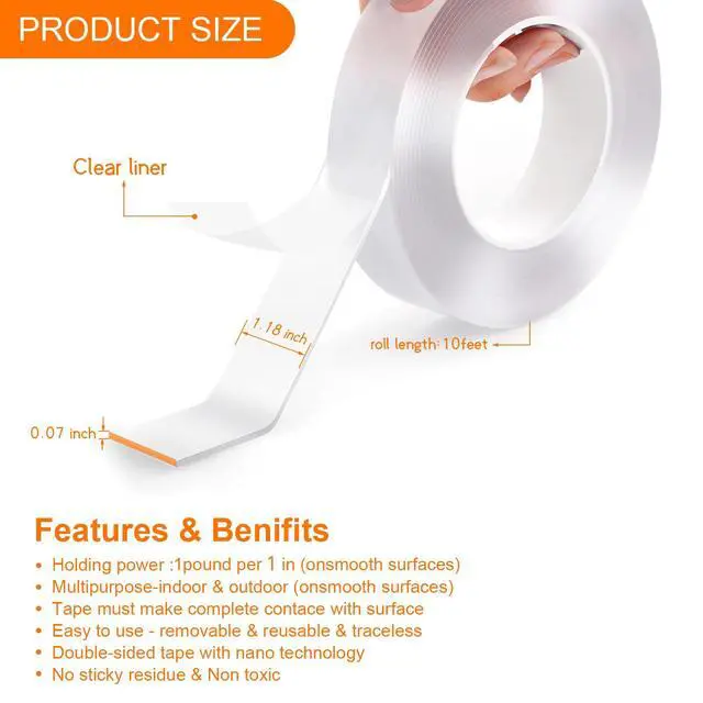 Alt view image 2 of 7 - Double Sided Tape Heavy Duty, mounting Picture Hanging Adhesive Strips, DIY Extra Large Nano Tape for Wall Water Proof/Weather Proof Double Sided Tape, T002 (M, 0.07 in*1.18 in*10 Feet)