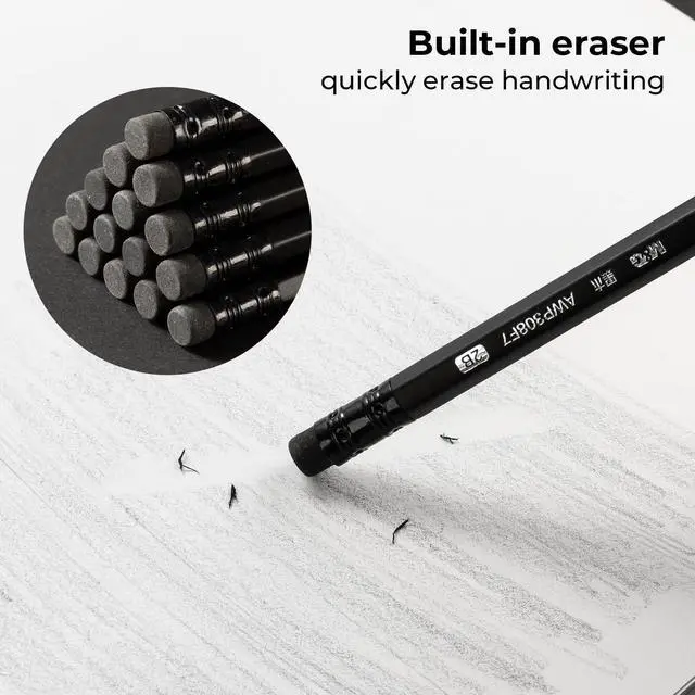 Alt view image 4 of 7 - Wood-Cased 2B Pencils, 24 Pack Pre-Sharpened Pencils with Top Erasers, Bulk Black Pencils for School Teacher Supplies, Writing, Drawing and Sketching