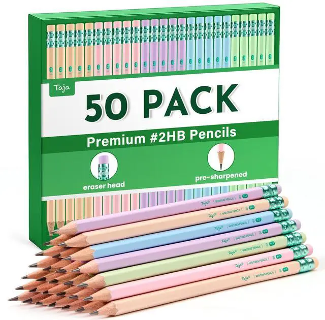 Main image of 50 Pack Wood-Cased #2 HB Pencils, Bulk Pre-Sharpened Pencils with Top Erasers, Perfect for School & Classroom Writing and Drawing - Macaron