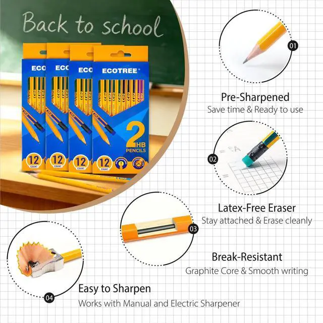 Alt view image 3 of 7 - Pre-Sharpened Pencils #2 HB, Wood-Cased Number 2 Pencils with Erasers for Writing, Drawing, Sketching, Yellow Pencil Bulk for School Supplies, 48 Count