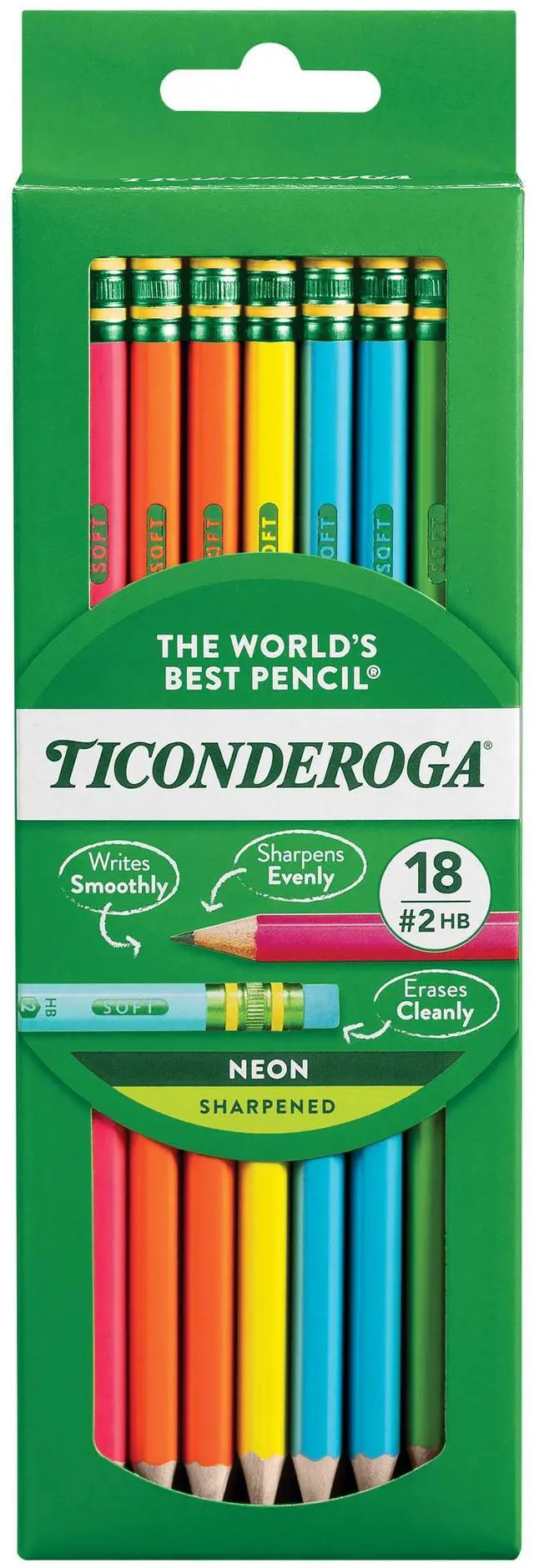 Main image of Wood-Cased Pencils, Pre-Sharpened, #2 HB Soft, Neon Colors, 18 Count