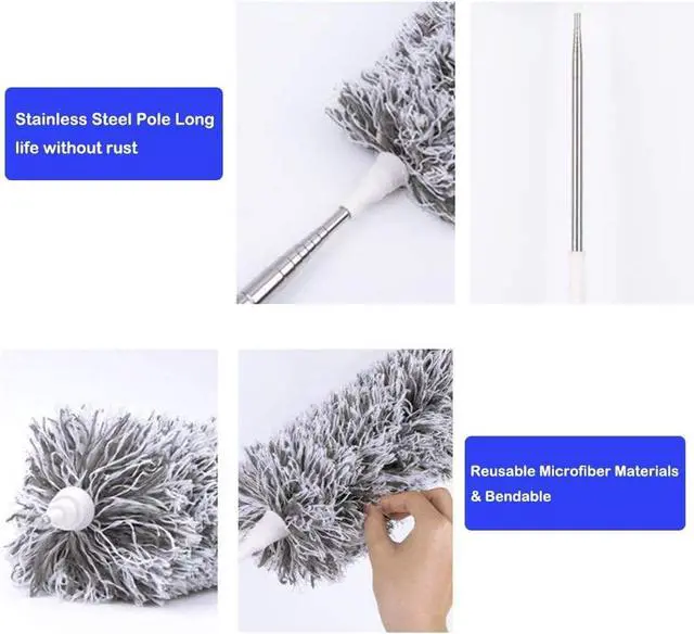 Alt view image 3 of 6 - Microfiber Duster with Extension Pole(Stainless Steel), Extra Long 100 inches, with Bendable Head, Extendable Duster for Cleaning High Ceiling Fan, Interior Roof, Cobweb, Gap Dust Wet or Dry