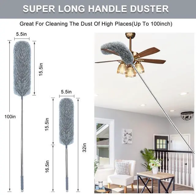 Alt view image 2 of 7 - Microfiber Feather Duster with Extendable Pole, 100-inch Extra-Long Dusters Telescoping Cobweb Duster for Cleaning, Bendable and Washable Microfiber Head, Duster for High Ceiling, Fan, Furniture