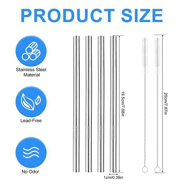 Alt view image 2 of 7 - 4 Pack Stainless Steel Replacement Straw for Hydrojug Traveler 32 oz, 4 Reusable Water Bottle Straws with 2 Cleaning Brush for Hydrojug Traveler Tumbler Parts Accessories, Dishwasher Safe