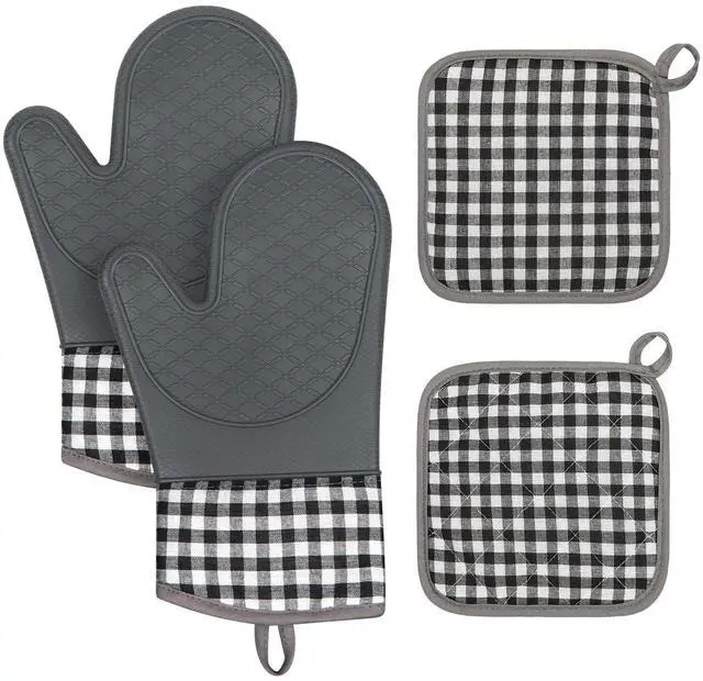Main image of Plaid Oven Mitts and Pot Holders 4-Piece Set, Oven Mitts Gloves Heat Resistant with Non-Slip Silicone Surface for Cooking Baking Grilling, Cotton Pot Holders Pads for Kitchen Cooking (Grey)