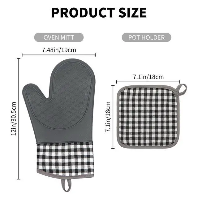 Alt view image 2 of 7 - Plaid Oven Mitts and Pot Holders 4-Piece Set, Oven Mitts Gloves Heat Resistant with Non-Slip Silicone Surface for Cooking Baking Grilling, Cotton Pot Holders Pads for Kitchen Cooking (Grey)