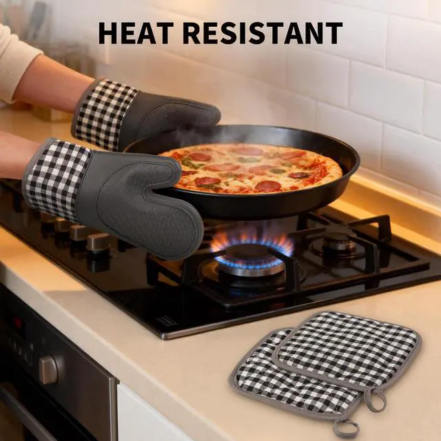 Alt view image 3 of 7 - Plaid Oven Mitts and Pot Holders 4-Piece Set, Oven Mitts Gloves Heat Resistant with Non-Slip Silicone Surface for Cooking Baking Grilling, Cotton Pot Holders Pads for Kitchen Cooking (Grey)