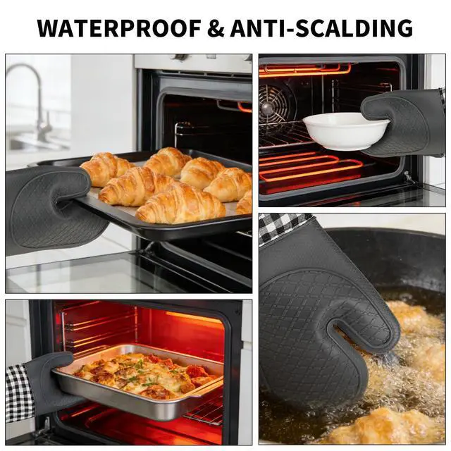 Alt view image 4 of 7 - Plaid Oven Mitts and Pot Holders 4-Piece Set, Oven Mitts Gloves Heat Resistant with Non-Slip Silicone Surface for Cooking Baking Grilling, Cotton Pot Holders Pads for Kitchen Cooking (Grey)