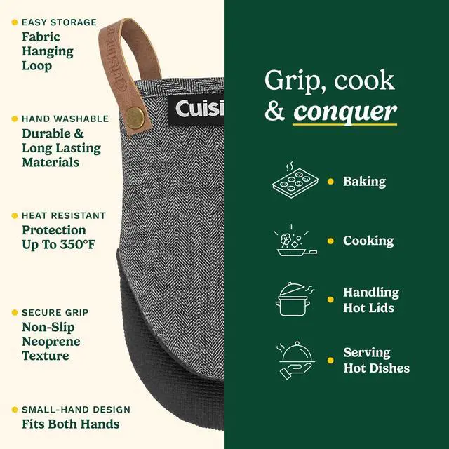 Alt view image 5 of 7 - Cuisinart Heritage Mini Oven Mitts 5.5 x 7 Heat-Resistant Kitchen Mitts for Oven with Non-Slip Neoprene Palm, Cotton Filling, and Faux Leather Loop Durable Oven Mitt Set for Cooking & Baking