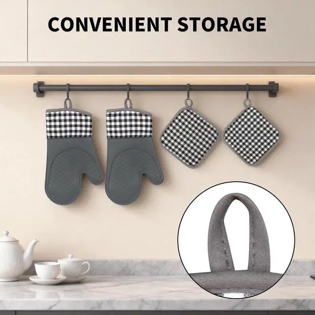 Alt view image 6 of 7 - Plaid Oven Mitts and Pot Holders 4-Piece Set, Oven Mitts Gloves Heat Resistant with Non-Slip Silicone Surface for Cooking Baking Grilling, Cotton Pot Holders Pads for Kitchen Cooking (Grey)