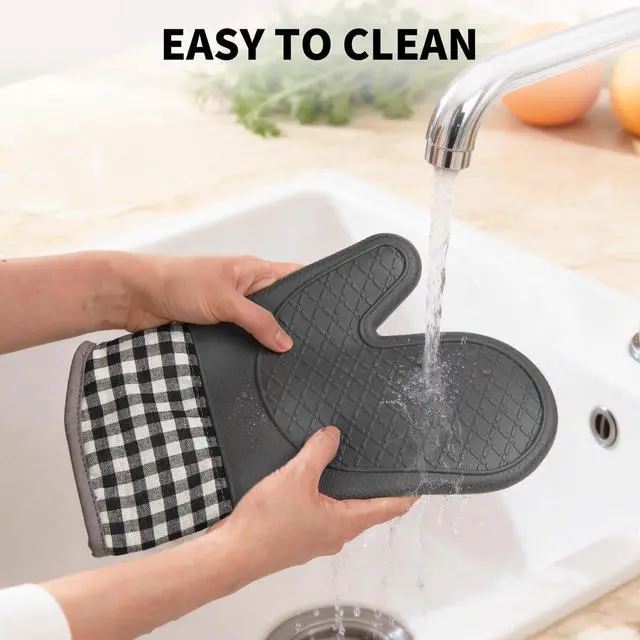 Alt view image 5 of 7 - Plaid Oven Mitts and Pot Holders 4-Piece Set, Oven Mitts Gloves Heat Resistant with Non-Slip Silicone Surface for Cooking Baking Grilling, Cotton Pot Holders Pads for Kitchen Cooking (Grey)