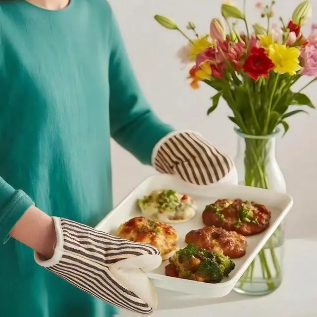 Alt view image 7 of 7 - Heat Resistant Mini Oven Mitts 2-Pack - 500°F Heat Protection Cotton Striped Oven Gloves, Small Non-Slip Duckbill Design Mitt for Baking, Grilling, BBQ, Kitchen Pot Holders Set (5.5" x 7.1", Coffee)