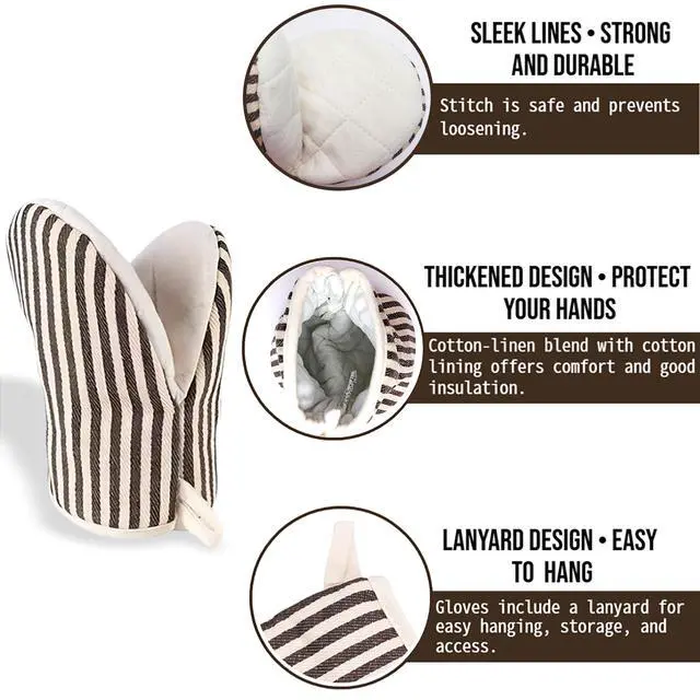 Alt view image 3 of 7 - Heat Resistant Mini Oven Mitts 2-Pack - 500°F Heat Protection Cotton Striped Oven Gloves, Small Non-Slip Duckbill Design Mitt for Baking, Grilling, BBQ, Kitchen Pot Holders Set (5.5" x 7.1", Coffee)