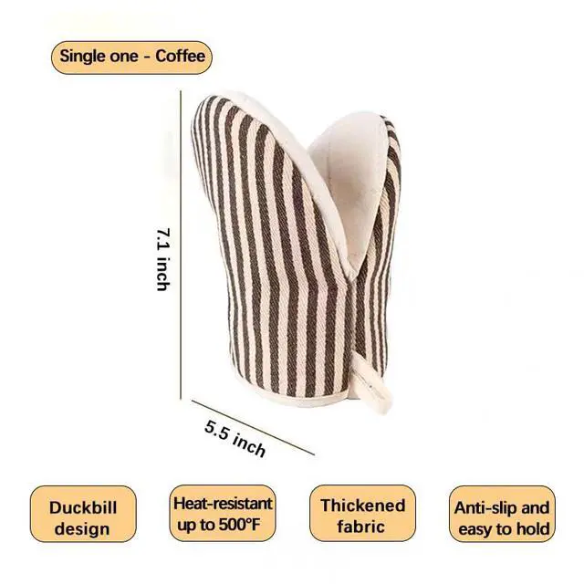 Alt view image 2 of 7 - Heat Resistant Mini Oven Mitts 2-Pack - 500°F Heat Protection Cotton Striped Oven Gloves, Small Non-Slip Duckbill Design Mitt for Baking, Grilling, BBQ, Kitchen Pot Holders Set (5.5" x 7.1", Coffee)