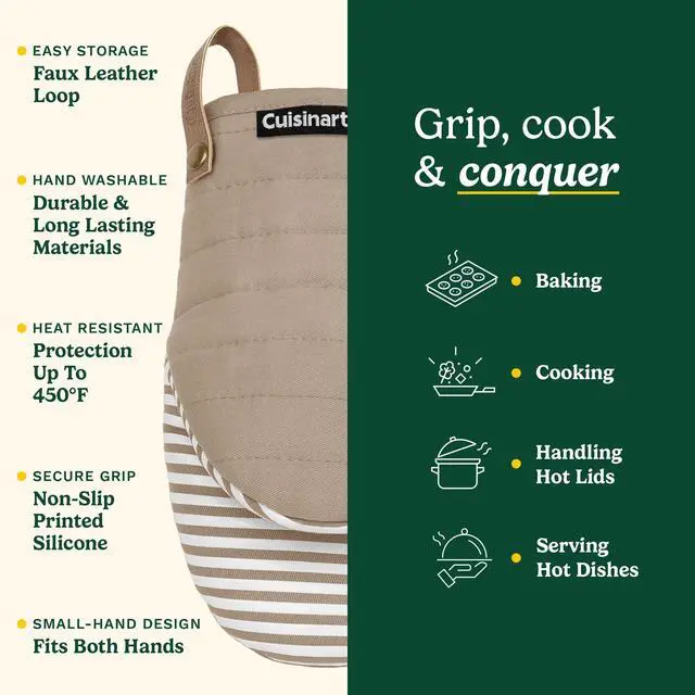 Alt view image 5 of 7 - Cuisinart Mini Oven Mitts 5.5 x 8 Heat-Resistant Kitchen Mitts for Oven with Non-Slip Printed Silicone, Cotton Filling, and Faux Leather Loop Durable Oven Mitt Set for Cooking & Baking