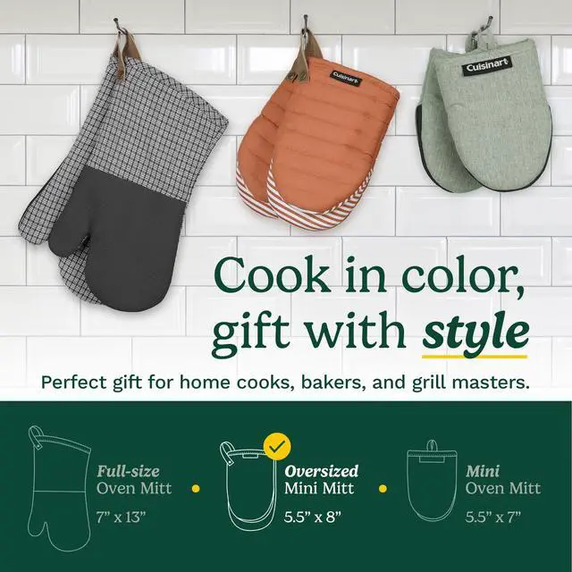 Alt view image 6 of 7 - Cuisinart Mini Oven Mitts 5.5 x 8 Heat-Resistant Kitchen Mitts for Oven with Non-Slip Printed Silicone, Cotton Filling, and Faux Leather Loop Durable Oven Mitt Set for Cooking & Baking