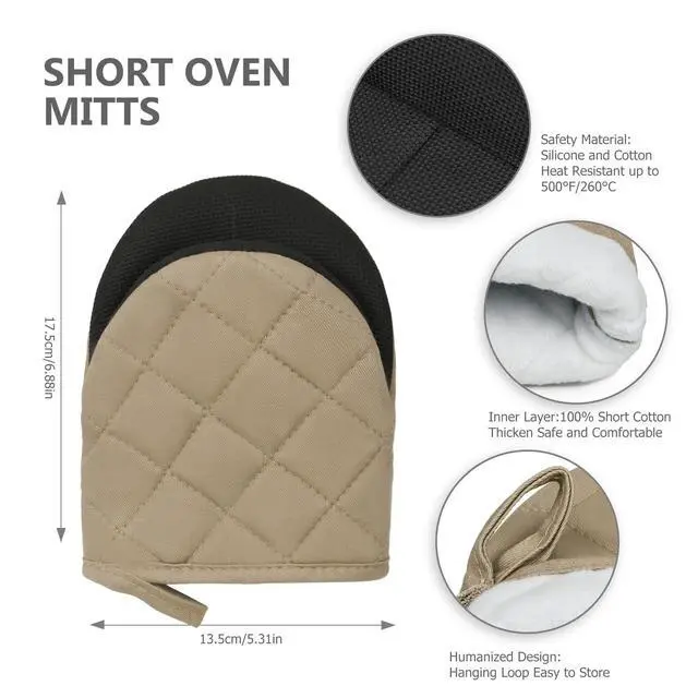 Alt view image 2 of 7 - Short Oven Mitts, Heat Resistant 500°F, Silicone Grip Kitchen Gloves, Non-Slip for Baking, Grilling, BBQ, Machine Washable with Hanging Loop, 2-Pack Set, Light Brown
