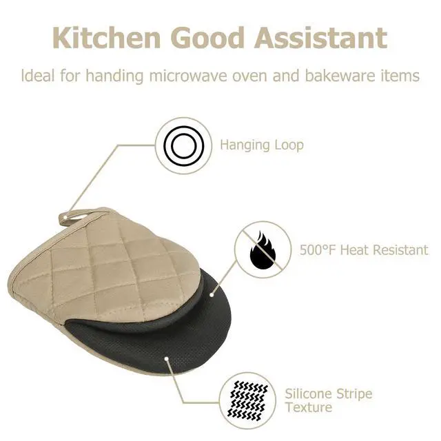 Alt view image 5 of 7 - Short Oven Mitts, Heat Resistant 500°F, Silicone Grip Kitchen Gloves, Non-Slip for Baking, Grilling, BBQ, Machine Washable with Hanging Loop, 2-Pack Set, Light Brown