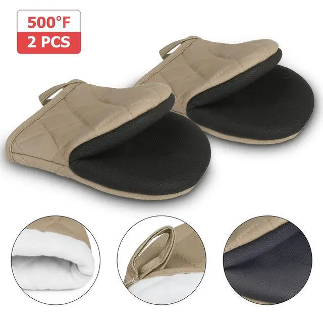 Alt view image 3 of 7 - Short Oven Mitts, Heat Resistant 500°F, Silicone Grip Kitchen Gloves, Non-Slip for Baking, Grilling, BBQ, Machine Washable with Hanging Loop, 2-Pack Set, Light Brown