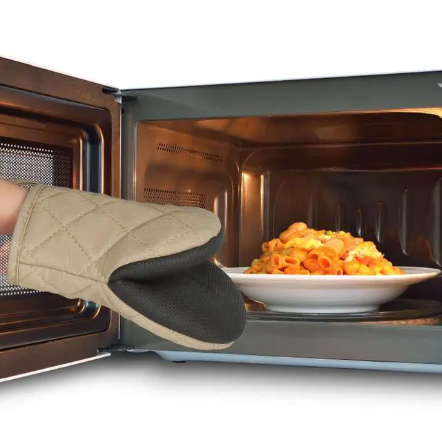 Alt view image 7 of 7 - Short Oven Mitts, Heat Resistant 500°F, Silicone Grip Kitchen Gloves, Non-Slip for Baking, Grilling, BBQ, Machine Washable with Hanging Loop, 2-Pack Set, Light Brown