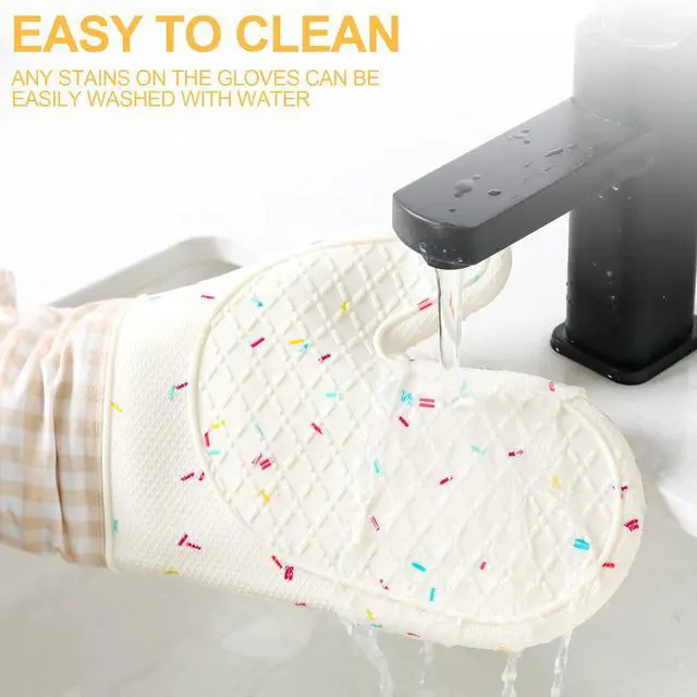 Alt view image 6 of 6 - Set of 2 Silicone Oven Mitts Waterproof Shell Oven Mitts for Kitchen for Heat Resistant 500 Degrees Washable Kitchen Mittens with Cotton Lining for Cooking Baking BBQ Grilling Microwave