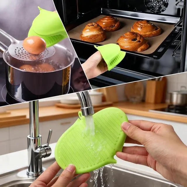 Alt view image 5 of 6 - 2PCS Silicone Oven Mitts - Heat Resistant Thick Potholders for Kitchen - Non-Slip Rubber Oven Glove Kitchen Mittens - Cute Pot Holders for Grill, Pizza Stone, Air Fryer, Dishwasher Safe Green